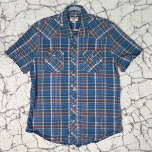 TRUE RELIGION Pearl Snap Western Shirt Men's XL Orange Blue & White Plaid